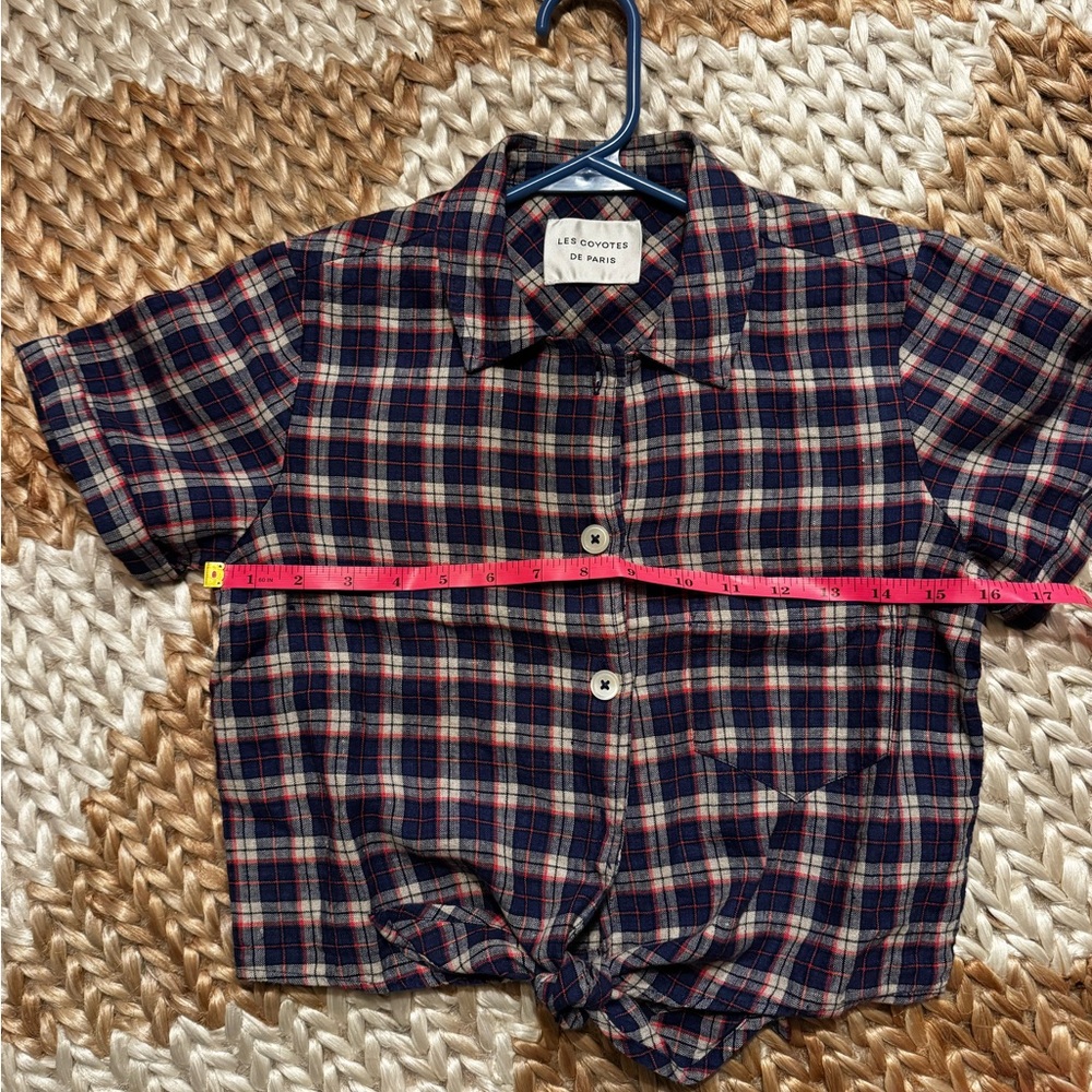Les Coyotes Des Paris Plaid Linen Cropped Tie Front Shirt - Blue and Red, Small - Picture 4 of 7